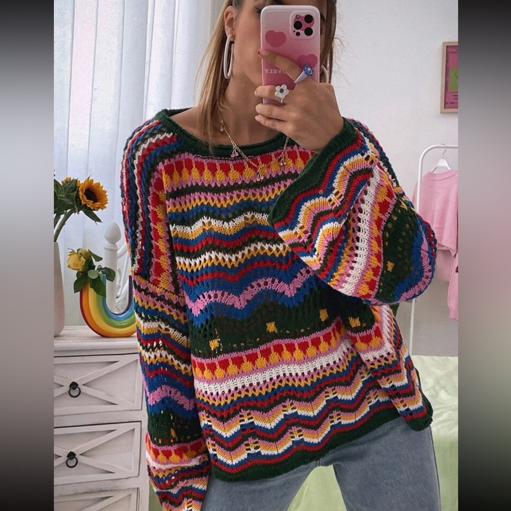 Boho chevron pattern striped knit sweater